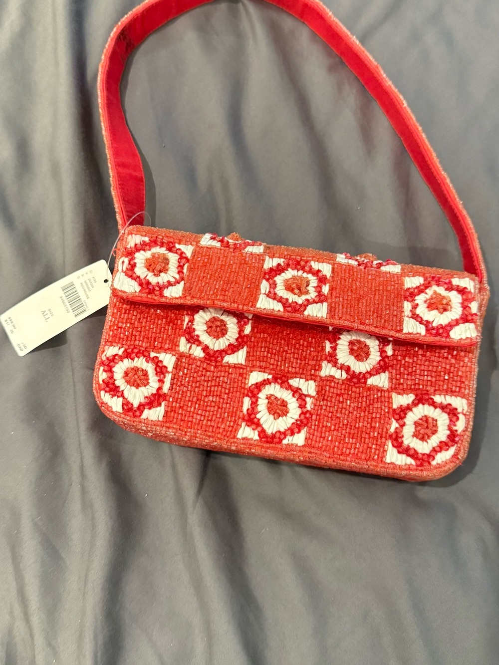 Anthropologie Red Beaded Checker Floral Shoulder Bag - Women's Bag